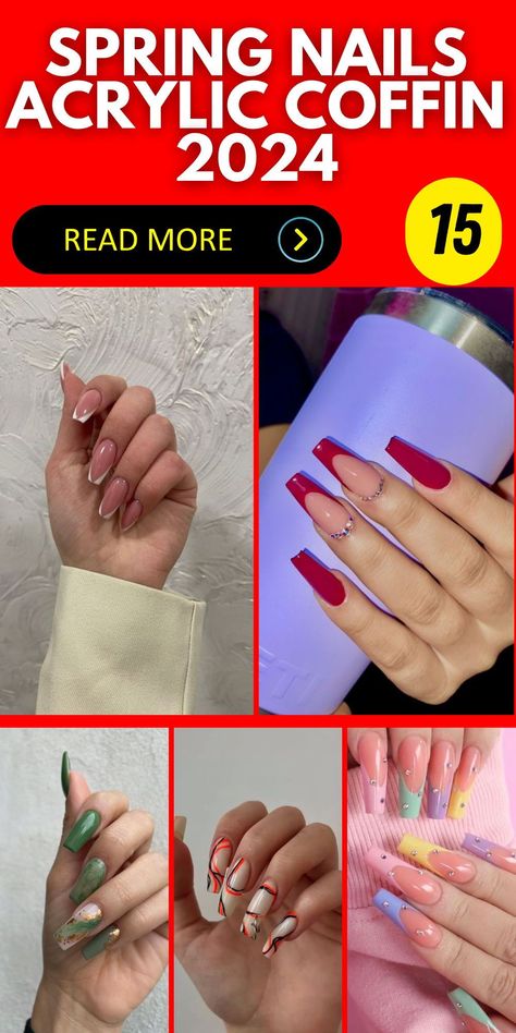 The acrylic coffin nail trend for spring 2024 is a mix of bold and subtle designs. Long nails dominate the trend, with options including long blue nails with French tips, long white nails with floral patterns, and long green nails with an ombre effect. For those who prefer shorter nails, there are simple yet elegant designs in solid colors. These nail trends offer a way to break from the norm and express personal style. Long White Nails, Pink Coffin, Blue Coffin Nails, Chic Nail Art, Wedding Nails Design, Nude Nail Designs, Coffin Nails Long, Chic Nails, Green Nails