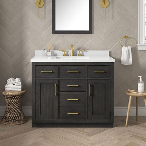 "A traditional vanity design that incorporates 5-panel cabinet doors with a premium quality engineered quartz countertop, the Bailey is an example of high-end functional furniture that immediately upgrades any space. Dark Bathroom Cabinets, Panel Cabinet Doors, Engineered Quartz, Dark Bathrooms, Traditional Vanity, Single Sink Bathroom, Black Vanity, Vanity Design, Quartz Countertop