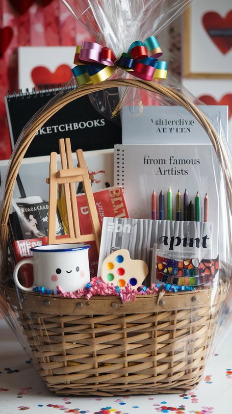 Wrap up your love with an art-inspired Valentine’s basket! From sketchbooks to decorative aprons, it’s the perfect gift for the artistic soul in your life. 🖍️ Add some fun art magazines and watch her creativity blossom! 🌸🎁 Stationary Gift Basket Ideas, Valentines Gift For Coworkers Diy, Art Gift Basket, Valentine Flowers, Creative Gift Baskets, Cheap Gift Ideas, Kids Gift Baskets, Valentine Baskets, Galentines Gifts