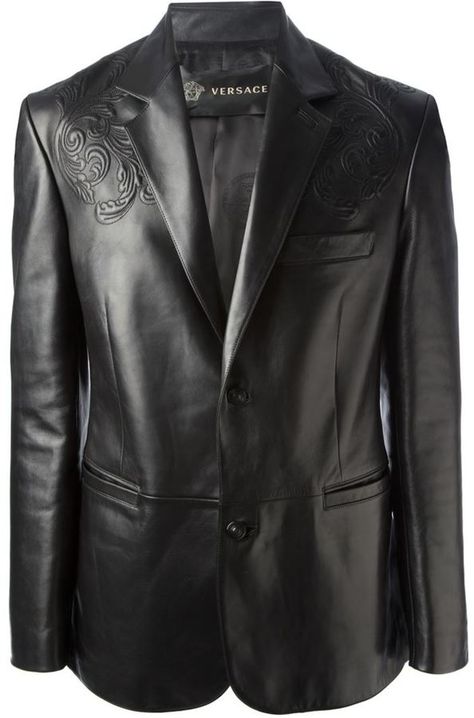 Versace baroque leather jacket Leather Outfits Men, Versace Suit, Mens Versace, Versace Blazer, Versace Baroque, Leather Outfits, Polo Shirt Design, Adidas Crazy, Long Leather Coat