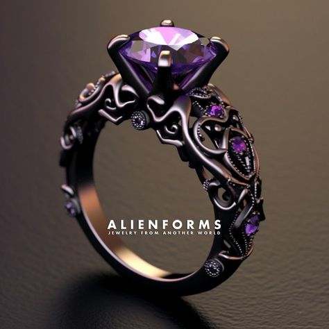 black engagement ring with a neo-vintage design. set with purple amethysts ♦ materials: Sterling silver 925 / 14k gold / 18k gold  ♦ made to order ♦ available in all ring sizes, and all gold colors ♦ available with other gemstones, please message for more info ♦ comes in an elegant ring box  ♦ Designed and Handcrafted in house Black And Purple Engagement Ring, Purple Gem Ring, Black And Purple Gothic Wedding, Purple Rings Engagement, Royalcore Wedding, Black And Purple Wedding Dress, Witchy Engagement Ring, Purple Wedding Ring, Purple Engagement Ring