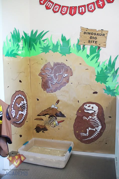 Paleontologist Preschool Activities, Dinosaur Stage Design, Dinosaur Preschool Decorations, Dino Activity Preschool, Discovery Preschool Kindercare, Dinosaurs Classroom Decorations, Prehistoric Classroom Theme, Dinasour Classroom Decoration, Dinosaur Vacation Bible School