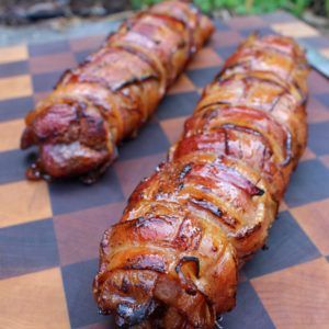 Bacon Wrapped Pork Tenderloin with Maple Glaze - Over The Fire Cooking Bacon Wrapped Pork Loin, Wrapped Hot Dogs, Bacon Wrapped Pork Tenderloin, Keto Pork, Pork Entrees, Bacon Wrapped Pork, Smoked Food, Pork Loin Recipes, Bbq Smoker