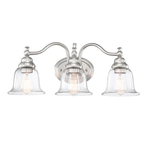 3-Light 22.85-in Traditional Vanity Light with Brushed Nickle Finish - On Sale - Bed Bath & Beyond - 38082732 Bathroom Fixtures Brushed Nickel, Farmhouse Wall Sconces, Modern Bathroom Vanity Lighting, Industrial Design Style, Master Bath Shower, Brushed Nickel Bathroom, Traditional Vanity, Vanity Light Fixtures, Light Vanity