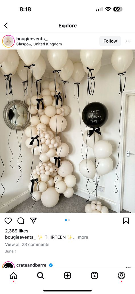 Black White Bday Theme, Black Balloon Birthday Decoration, White Balloons Black Ribbon, Coquette Black And White Party, Black And White Balloon Wall, 21st Birthday Black And White Theme, Cream And Black Party Decor, Black And White Bow Theme Party, White Balloons With Black Ribbon