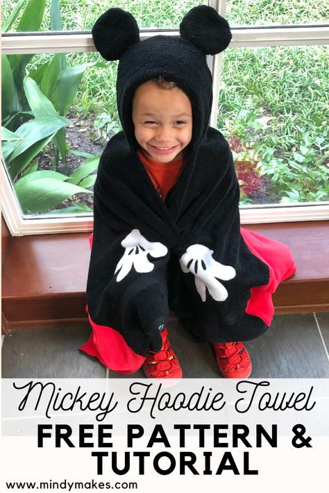 Mickey Mouse Hooded Towel Tutorial - Mindy Makes Diy Hooded Towel, Miter Corners, Hooded Towel Tutorial, Baby Bath Towels, Clown Crafts, Mickey Hoodie, Beginning Sewing, Diy Mickey Ears, Kids Hooded Towels