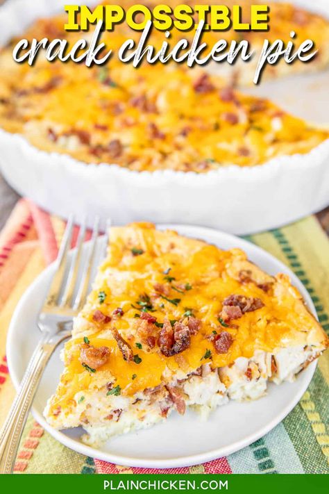 Impossible Crack Chicken Pie - such a delicious twist to quiche! Chicken, bacon, cheddar cheese, Ranch dressing, Bisquick, milk, and eggs. Ready in 30 minutes! Such an easy weeknight meal that the whole family enjoys!! #chicken #bacon #quiche Quiche Chicken, Lowcarb Meals, Impossible Pies, Cabin Food, Gluten Free Bisquick, Homemade Bisquick, Impossible Pie, Bacon Quiche, Poultry Dishes