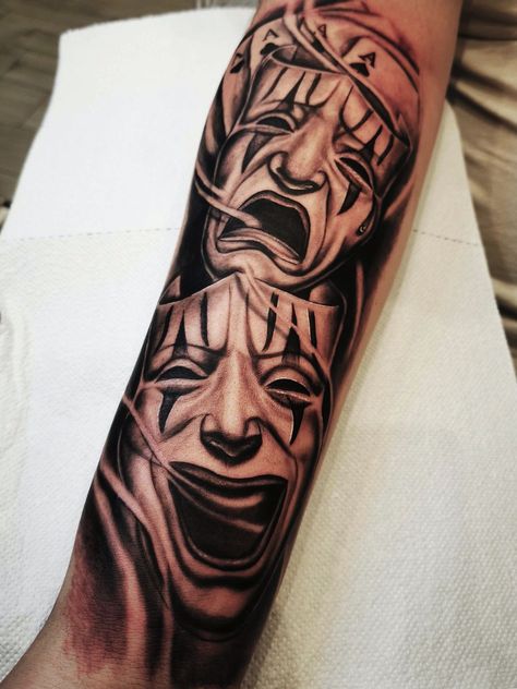 Greek Mask Tattoo, Theater Mask Tattoo, Mask Tattoo Design, Tattoo Pierna, Forearm Tattoo Quotes, Chest Tattoo Ideas, Neon Tattoo, Masculine Tattoos, Gangsta Tattoos