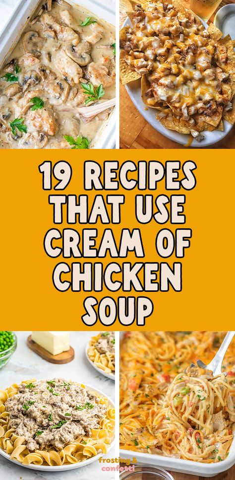 Looking for easy and delicious meal ideas using canned cream of chicken soup? You'll love these family-friendly recipes that are perfect for any occasion. There is chicken spaghetti, chicken nachos, cream chicken bake, beef stroganoff, and more Easy Dinner Recipes With Cream Of Chicken, Chicken Cream Of Chicken Rice, Rice Recipes With Cream Of Chicken Soup, Soups With Cream Of Chicken, Soup Recipes With Cream Of Chicken, Uses For Cream Of Chicken Soup, Recipes Using Can Cream Of Chicken Soup, Cream Of Chicken Condensed Soup Recipes, Things To Make With Cream Of Chicken Soup