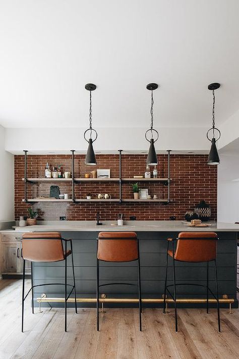 Shiplap Bar, Brass Kitchen Island, Wet Bar Designs, Kate Marker Interiors, Brick Backsplash, Brass Kitchen, Chic Kitchen, Wet Bar, Open Kitchen