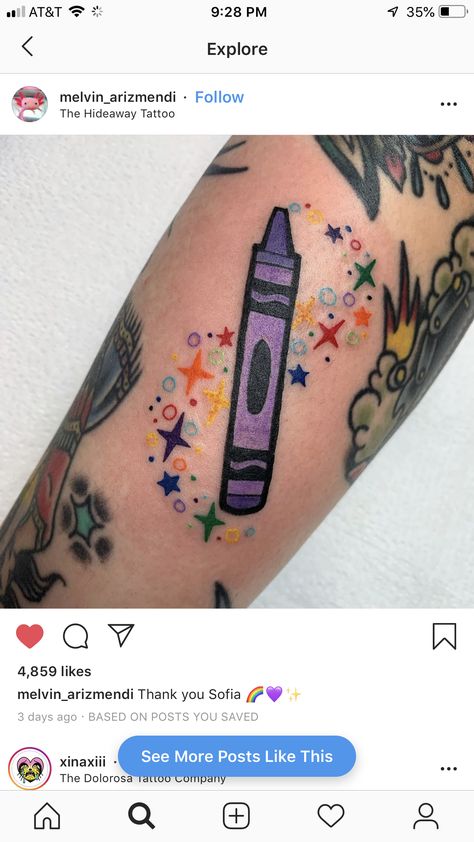 Crayon tattoo Crayon Tattoo Crayola, Daycare Teacher Tattoo Ideas, Harold And The Purple Crayon Tattoo, 90s Aesthetic Tattoos, Teacher Inspired Tattoos, Teacher Tatoos Ideas, Small Teacher Tattoos, Art Teacher Tattoo, Preschool Teacher Tattoo Ideas