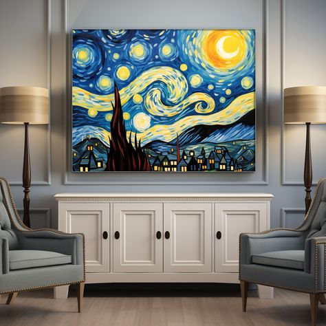 Vincent Van Gogh - The Starry Night | Colorful Journeys 2-102 | Impressionism, Modern Wall Art, Museum Fine Art Print, Home Decor . . . #vangoghstarrynight #vangogh #vincentvangogh #art #artgallery #etsy #etsyshop #etsyseller #oilpainting #starrynights #colorfuljourneys #vintagestyle #starrynight #starry #colorfuljourneysart Gogh The Starry Night, The Starry Night, Vampire Art, Starry Night Van Gogh, Sketch Painting, Horse Art, Girl Drawing, Vincent Van Gogh