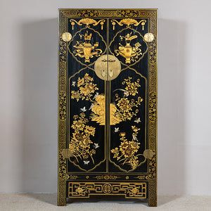 Chinese Wardrobes and Antique Wedding Cabinets | Orchid | Orchid Chinese Wardrobe, Wedding Cabinet, Orchid Collection, Gold Cabinet, Chinoiserie Design, Black Wardrobe, The Orchid, Hand Painted Decor, Chinese Symbols