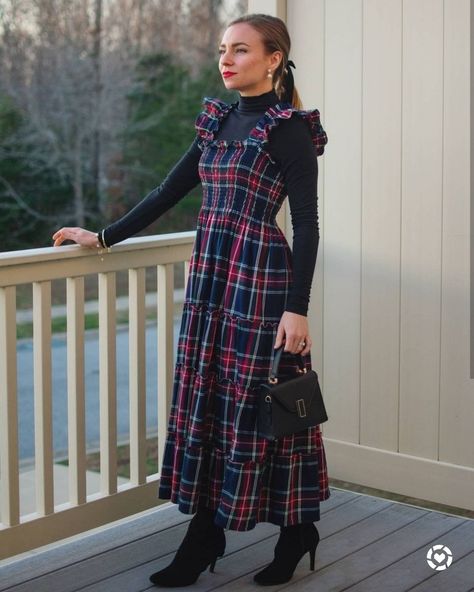 Nap Dress Outfit Winter, Long Plaid Dress Outfit, Winter House Dress, Plaid Dress With Turtleneck, Nap Dress Winter, Nap Dress Styling, Plaid Holiday Dress, Vintage Plaid Dress For Winter, Hill House Nap Dress Winter