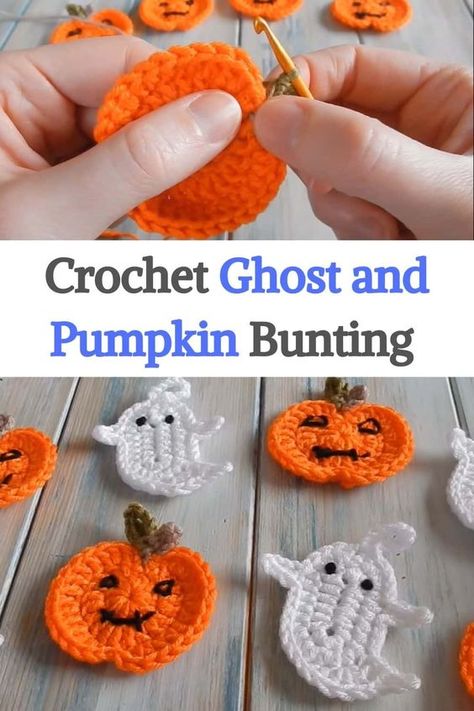 Crochet Pumpkin Hair Clip, Crochet Ghost Motif, Crochet Flat Pumpkin Free Pattern, Ghost Applique Crochet, Flat Pumpkin Crochet Pattern, Halloween Apliques Crochet, Crochet Flat Pumpkin, Flat Ghost Crochet Pattern, Crochet Ghost Garland Free Pattern