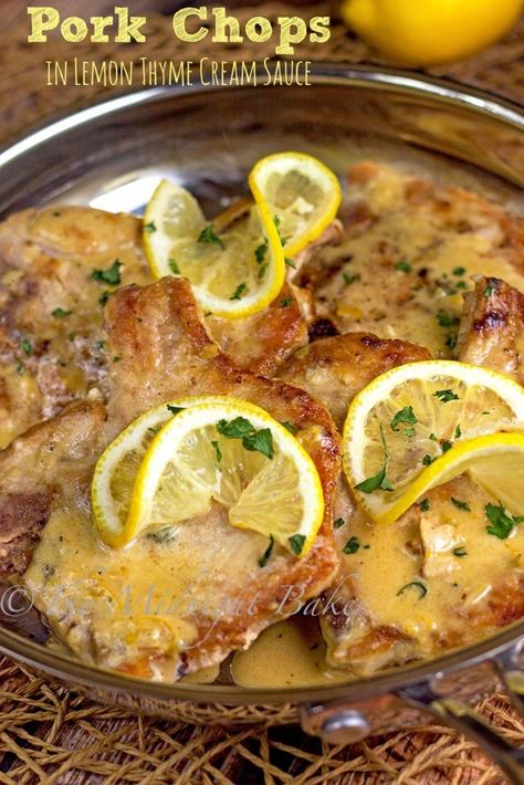 Pork Chops with Lemon Thyme Cream Sauce | bakeatmidnite.com | #porkchops #lemoncreamsauce #30minutemeals Thyme Cream Sauce, Lemon Curd Dessert, Pork Entrees, Lemon Thyme, Pork Dinner, Boneless Pork Chops, Pork Chop Recipes, Pork Dishes, 30 Minute Meals