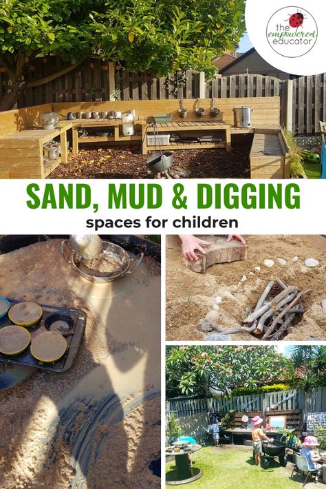 Add interest to the children's outdoor play areas with this inspiring educator compilation of simple mud kitchen and digging play spaces for children by The Empowered Educator. #mudkitchen #messyplay #outdoorplay #mudplay #sandpit #sandplay #daycareactivities Daycare Spaces, Outdoor Play Space, Outdoor Learning Spaces, Play Area Backyard, Outdoor Play Spaces, Play Garden, Outdoor Play Areas, Kids Outdoor Play, Outdoor Play Area