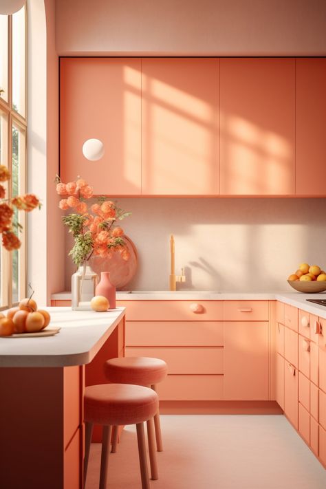 Yellow Cream Kitchen, Peach Colored Kitchen, Apricot Kitchen Walls, Peach Color Kitchen, Kitchen Peach Color, Aesthetic Kitchen Decor, Peach Colour Interior, Peach Interior, Kitchen Color Green