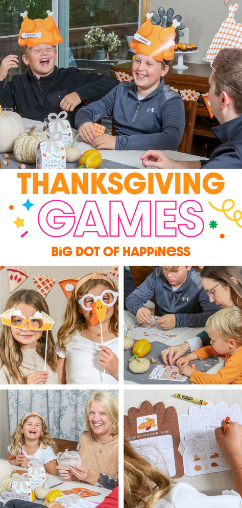 Family-Friendly Thanksgiving Games & Activities  from Big Dot of Happiness to play at the Thanksgiving table. Thanksgiving Party Ideas, Family Friendly Games, Thanksgiving Games For Family, Photo Scavenger Hunt, Gratitude List, Games For Family, Bingo Card, Thanksgiving Games, Thanksgiving Party