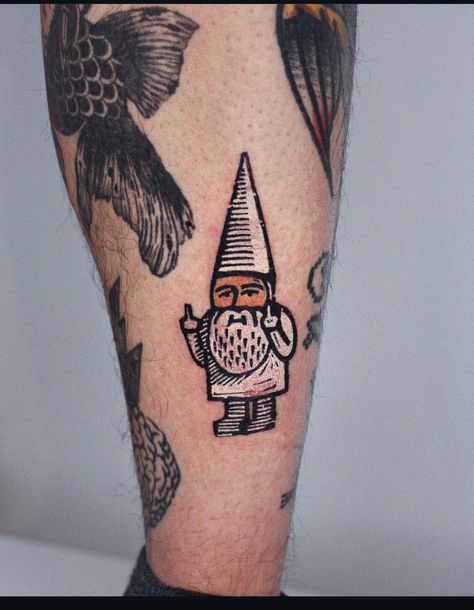 Simple Gnome Tattoo, Traditional Gnome Tattoo, Garden Gnome Tattoo, Gnome Tattoos, Gnome Tattoo, Booking Available, Tattoo Illustration, Garden Gnome, Traditional Garden