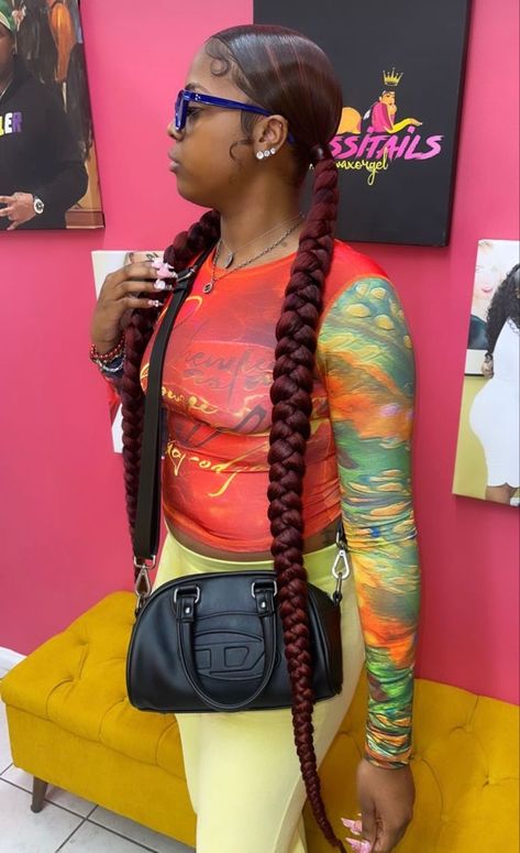 Copper Braided Ponytail, Burgundy Braided Ponytail, One Braid Black Women, Red Braided Ponytail, 2 Braided Ponytails, Two Braided Ponytails, Braided Ponytail Weave, Braided Ponytails, Sleek Braided Ponytail