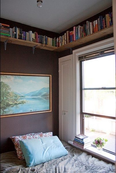 Book Shelf Above Window, Over Window Bookshelf, Storage Above Window, Bookshelves Above Windows, Floating Shelf Above Window, Window Sill Bed, Bookshelf Above Window, 2 Shelves Above Bed, Books Around Window