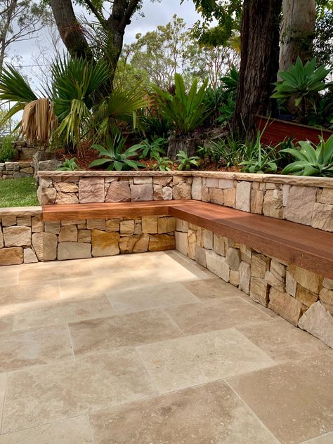 Sandstone Tiles Outdoor, Backyard Travertine Pavers, Small Stone Wall Garden, Sandstone Retaining Wall Pool, Stone Walled Garden, Yard Stone Ideas, Sandstone Wall Garden, Stone Wall Patio, Tiled Retaining Wall