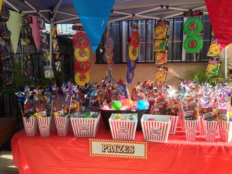 Sophie's carnival prize table Prize Table Ideas, Circus 1st Birthdays, Circus Birthday Party Theme, Party Prizes, Carnival Prizes, Carnival Birthday Party Theme, Spring Carnival, Circus Carnival Party, School Carnival