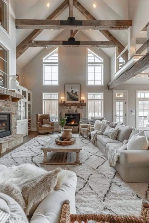 Big White House Farmhouse Interior, Big White Farmhouse Interior, Great Room Addition Off Back Of House, Modern Farmhouse Designs, House With Big Windows Aesthetic, Barndominium Aesthetic Interior, Modern Country House Interior, Big White Farmhouse Aesthetic, Big Living Room Ideas