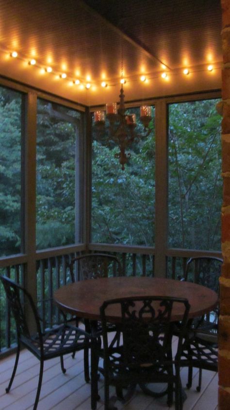 screened porch makeover: new look less than $500 Porch Lighting Ideas, Screened Porch Decorating, Porch Kits, Front Porch Lighting, Porch Ceiling, Building A Porch, Patio String Lights, Porch Makeover, Diy Porch