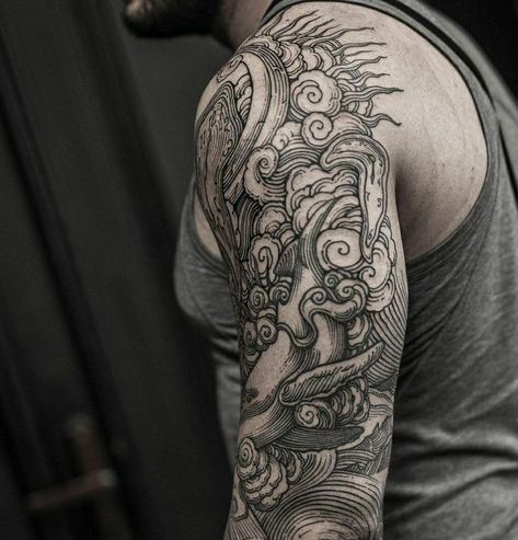 Woodcut Tattoo Sleeve, Natur Tattoo Arm, Boys Tattoo, Etching Tattoo, Woodcut Tattoo, Engraving Tattoo, Dragon Sleeve Tattoos, Elements Tattoo, Cloud Tattoo