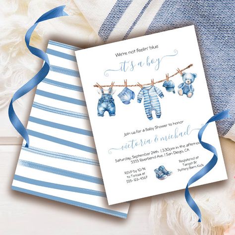 Blue Jean Baby Denim Baby Shower Clothesline Invitation Baby Shower Clothesline, Denim Baby Shower, Baby Shower Teddy Bear, Sailor Baby Showers, Sailor Baby, Blue Baby Shower Invitations, Bear Invitations, Denim Baby, Nautical Baby Shower