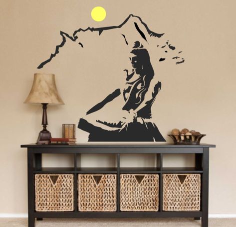 Material: PVC Vinyl Color: Black Item Size: 60 cm * 90 cm Finished Size on Wall (W*H): 75 cm * 95 cm #mahadev #mahakal Living Room Murals, Wall Stickers Quotes, Diy Wall Painting, Wall Painting Decor, Wall Murals Painted, Wall Drawing, Wall Paint Designs, God Shiva, Wall Stickers Home Decor