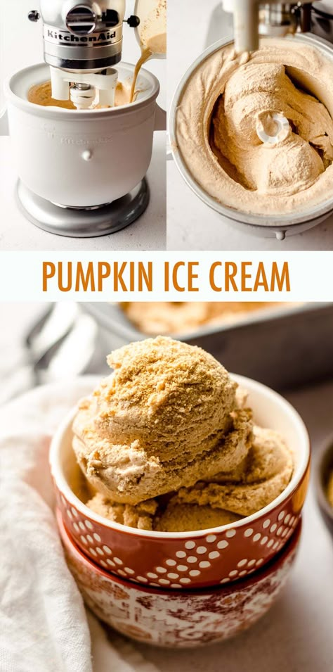 Smooth and creamy homemade ice cream made with real pumpkin, sweetened with brown sugar, and spiced with cinnamon and pumpkin pie spice. Get your pumpkin ice cream fix any time of the year with this simple recipe! via @frshaprilflours Recipe For Ice Cream Machine, Kitchen Aid Ice Cream Recipes, Fall Ice Cream, Pumpkin Ice Cream Recipe, Kitchen Aid Ice Cream, Pumpkin Spice Ice Cream, Ice Cream Recipes Machine, Pumpkin Pie Ice Cream, Pumpkin Ice Cream