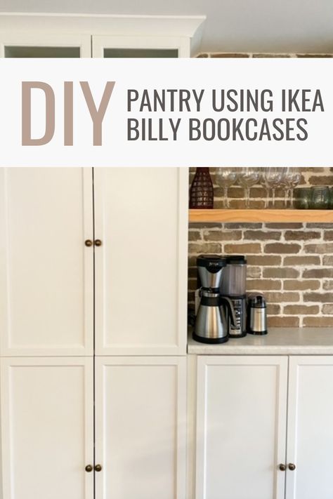 Billy Bookcase With Doors Pantry, Building Kitchen Pantry Cabinet, Different Color Pantry Cabinet, Ikea Cabinets For Pantry, Ikea Cabinet Pantry, Ikea Billy Bookcase Hack Mudroom, Build A Pantry Wall, Ikea Kitchen Cabinet Hacks Built Ins, Ikea Kitchen Pantry Ideas