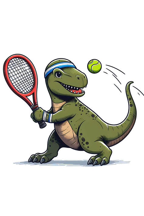 This cartoon design is made for fans of tennis game and dinosaurs. A dinosaur is playing tennis. #tennis #dinosaur Tennis Cartoon, Tennis Drawing, Tennis Game, Tennis Games, Green Dinosaur, Playing Tennis, Play Tennis, A Dinosaur, Company Profile