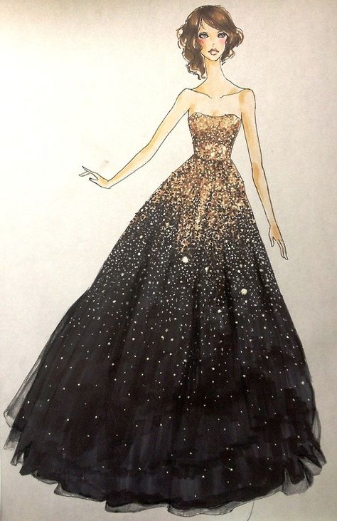 I would so wear this. Is it a swatch or a watercolor/colored pencil drawing I wonder? Áo Blu, Fashion Design Inspiration, Marchesa Gowns, Mode Prints, Black Ball Gown, Fest Outfits, Fashion Drawings, Gaun Fashion, Fashion Sketches Dresses