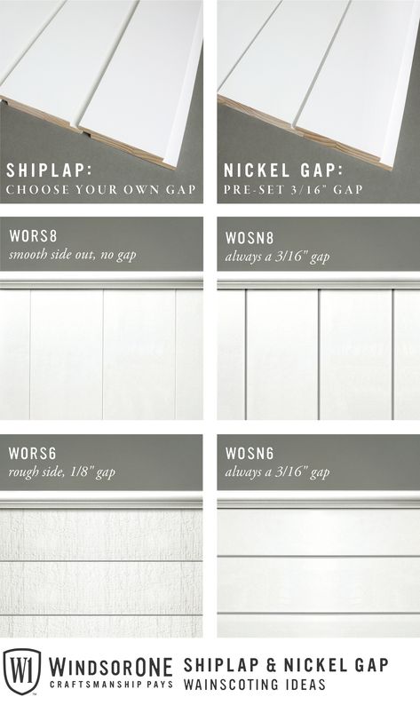 Shiplap: Choose your own gap Nickel Gap: A pre-set 3/16" gap everytime Both available in 1x6 & 1x8 sizes. Learn more about how to incorporate this into a Traditional or Modern Farmhouse home - Dutch Colonial Farmhouse, Greek Revival Farmhouse, Kitchen Ceilings, Nickel Gap, Shiplap Wall Diy, Farmhouse Trends, Colonial Farmhouse, Murphy Bed Plans, Diy Shiplap