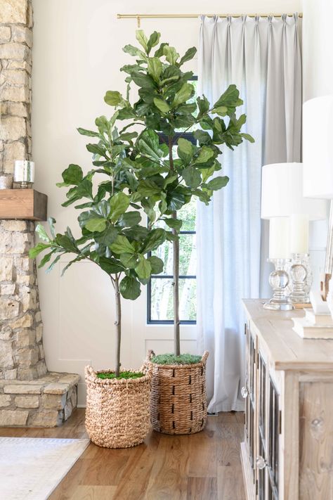 Faux Plants Decor Living Room, Large Floor Plants Living Rooms, Indoor Fake Tree Decor Living Rooms, Faux Fig Tree Living Room, Faux Plant Living Room, Faux Plants Living Room Decorating Ideas, Tree In Living Room Corner, Adding Greenery To Living Room, Large Faux Plants Living Room