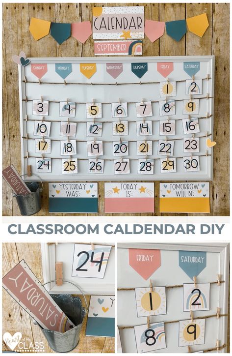 A simple DIY to create a classroom calendar using a dry erase board. This calendar is set up using pieces from the Boho Rainbow Classroom Decor bundle. Diy Kindergarten Calendar, Diy Crafts For Classroom Decor, Diy Calendar For Classroom, Calendar Set Up Kindergarten, Diy Classroom Calendar Ideas, Classroom Decoration Kindergarten, Rainbow Calendar Classroom, Diy Homeschool Calendar Board, Preschool Classroom Diy Decor