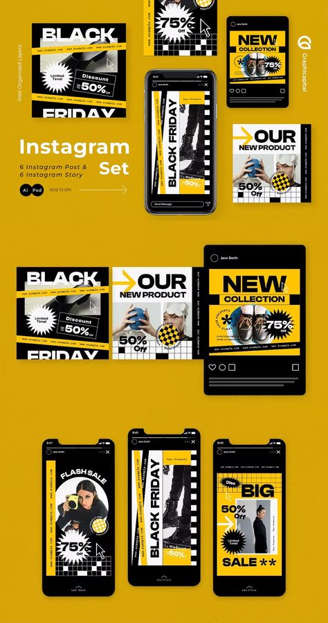 Yellow Modern Black Friday Instagram Post and Story Template AI, PSD Yellow And Black Instagram Feed, Modern Instagram Feed, Dior Store, Instagram Grid Design, Black Friday Design, Black Friday Banner, 카드 디자인, Brand Kit, Instagram Theme