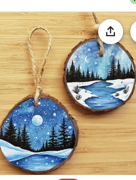 Christmas Ornaments Homemade Painted, Ornimates Diy, Wood Painted Ornaments, Painted Wood Slices, 2024 Ornaments, Painted Snowflakes, Wood Slice Christmas Ornaments, Ornament Inspiration, Yule Decor