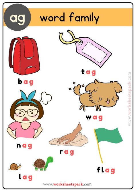 Free Ag Family Words with Pictures - Printable and Online Worksheets Pack Ag Family Words, Ag Word Family, Family Words, Family Worksheets, Teach Phonics, Phonics Reading Passages, Cvc Worksheets, Word Family Activities, Teaching Reading Comprehension