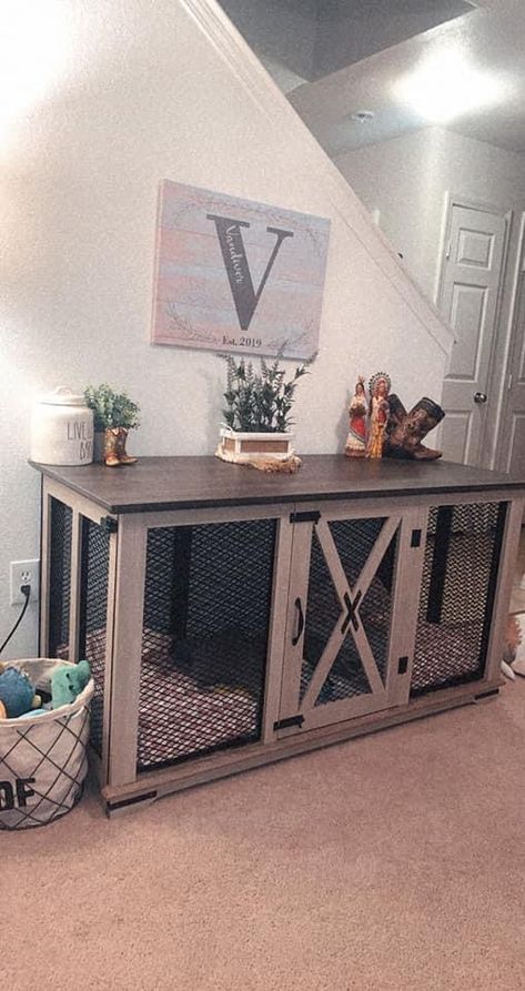 Dog Cage Furniture Diy, Custom Dog Kennel, Dog Kennel Furniture, Diy Dog Kennel, Dog Area, Dog Crate Furniture, Dog Cages, Astuces Diy, Wood Art Projects