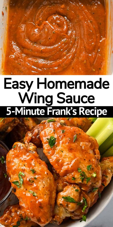 Make this easy and quick Frank's Red Hot Buffalo Wing Sauce recipe for your next game day party or add a spicy kick to dinner! This is our favorite sauce recipe for making delicious buffalo-flavored recipes. It comes together in only a few minutes with a few simple pantry ingredients! Best Homemade Wing Sauce, Hot Wings Recipe Fried No Flour, Franks Wing Sauce Recipe, Hot Bbq Wing Sauce, Franks Red Hot Wing Sauce Recipes, Mild Wing Sauce Recipes, Wing Sauces Recipes, Chicken Wing Sauces Homemade, Wing Sauce Recipes Easy