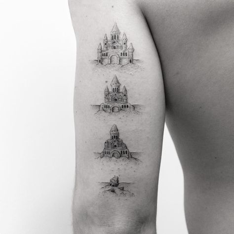 BB on Instagram: “+ Life of a sandcastle +” Sandcastle Tattoo, Sand Castle Tattoo, Nikko Hurtado, Unique Tattoos For Men, Castle Tattoo, Key Tattoos, Most Popular Tattoos, Unique Tattoo Designs, Grey Tattoo