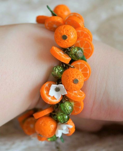 Bracelet Fruits, Orange Jewelry Set, Polymer Clay Fruit, Orange Polymer Clay, Clay Fruit, Fruit Bracelet, Clay Orange, Jewelry Polymer Clay, Orange Jewelry