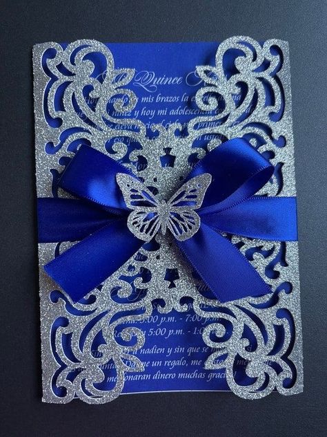 Royal Blue 15 Invitations, Royal Blue And Silver Quince Invitations, Royal Blue Butterfly Quince Dress, Quince Blue Invitations, Royal Blue Invitations Quinceanera, Royal Blue And Silver Quince Theme, Dark Blue Quince Invitations, Quince Decorations Blue And Silver, Royal Blue And Silver Quinceanera Theme