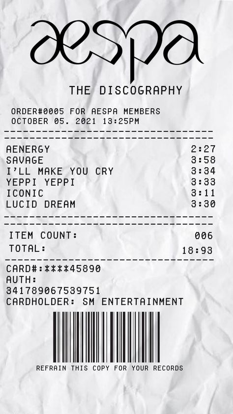 Aespa aesthetic receipt
Aespa
Receipt crumble Aesthetic Receipt, Kpop Receipt, Aespa Poster, Aesthetic Scenes, Account Ideas, Instagram Account Ideas, Aespa Aesthetic, Night Shadow, Ticket Design