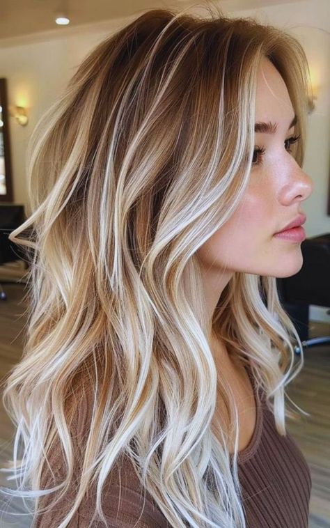 Ash Blonde With Caramel Lowlights, Strawberry Blonde Platinum Balayage, Platinum Blonde And Copper Hair, Blonde Balayage Fall 2024, Blonde Hair With Thick Lowlights, Fall Hair Color With Blonde, Root Blend Brunette, Blonde With Fringe Bangs, Bronde Balayage Icy